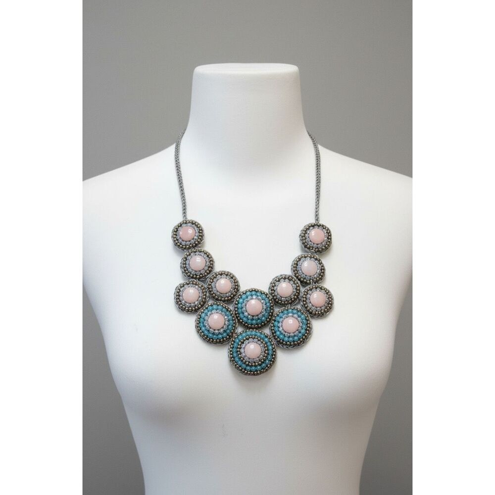 Handmade Crochet Statement Necklace with Blue Accents